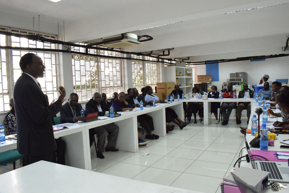 DVC, Prof Paul Wambua while addressing soon-to-retire members of staff. He represented the VC, Prof Benedict Mutua.