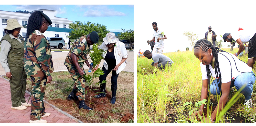 Pic 1: Senior Deputy Chief Conservator of Forests (Corporate Services), Lucy Kiboi, Machakos County Forest Conservator, Millcah Mutua and County Forest Commander, Chief Inspector Zablon Ndiema plant a tree with Dr. Agnes Gachau during the national tree planting exercise at KFS Machakos Pic 2: Students and members of staff plant tree seedlings at Konza Technopolis City during nationwide tree growing exercise.