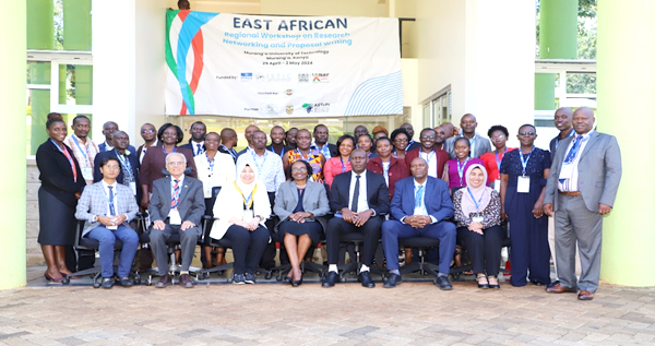 Group photo during the East African Regional Workshop on Research Networking and Proposal Writing held at Murang’a University of Technology 29 April – 2 May 2024.	