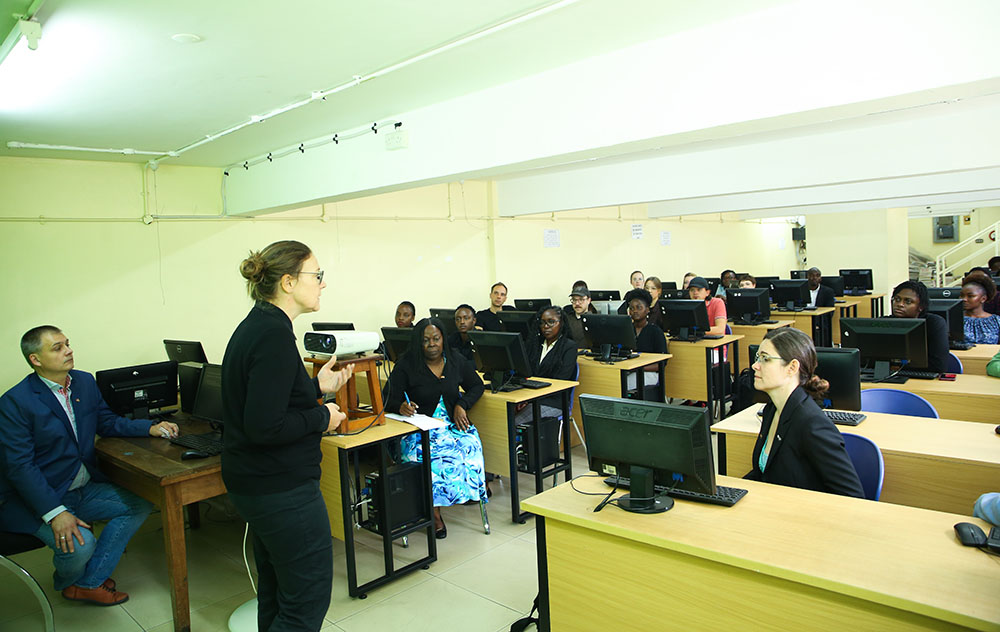 The delegation lead of visiting Professors and students Prof. Constanze Langer from the University of Applied Sciences Potsdam, Germany speaking at the Library during a meeting with TU-K counterparts